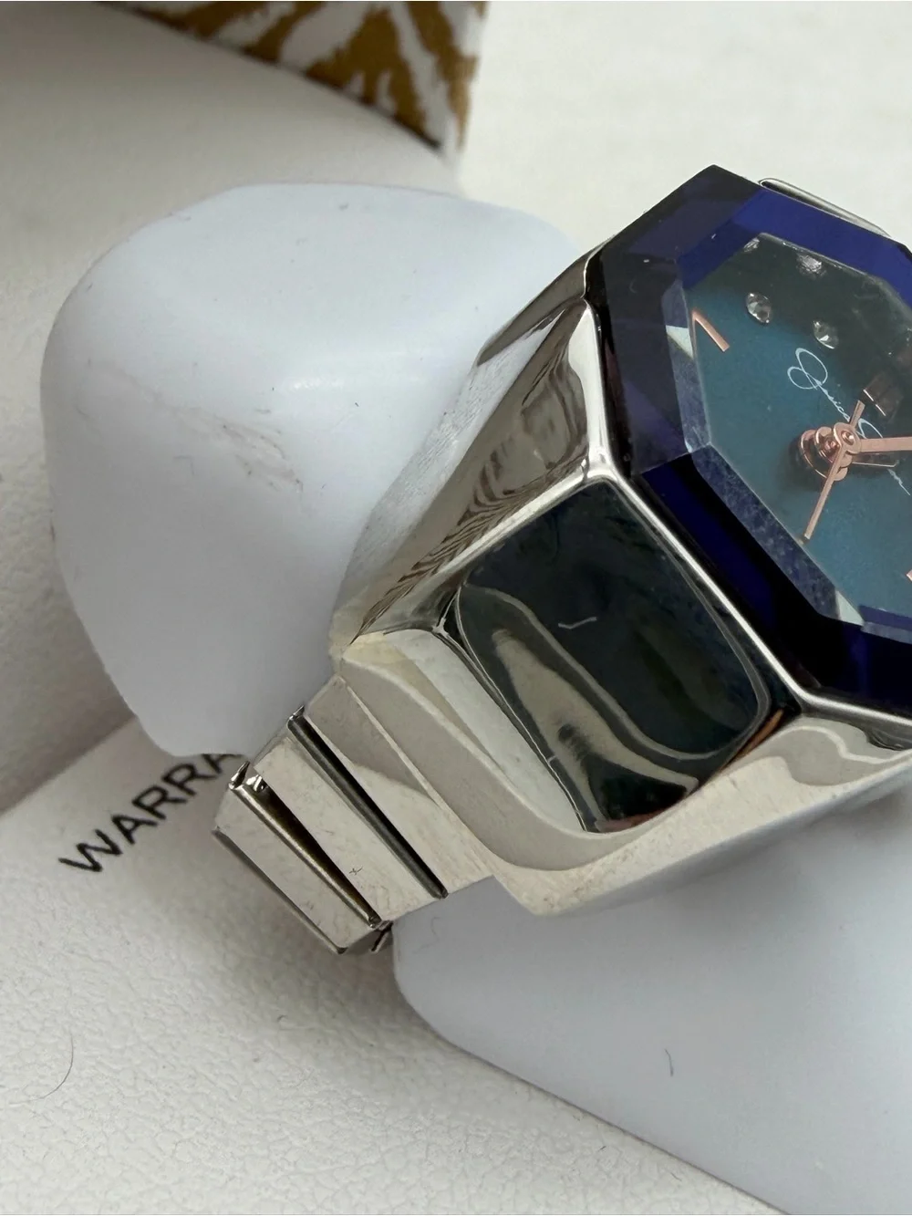 Jessica Simpson Blue Bezel Ring Watch with Silver Band